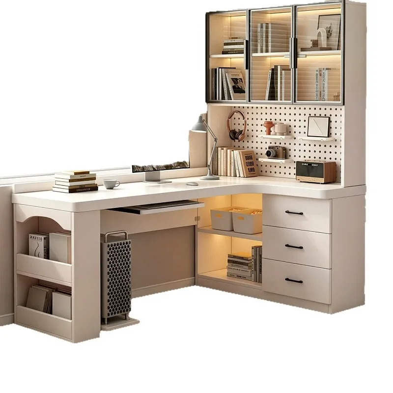 L-shaped corner desk bookcase integrated, glass display cabinet with hole plate, household computer desk