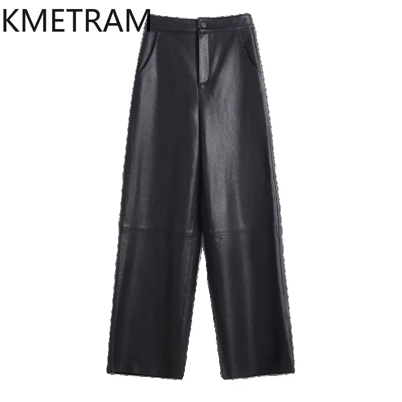KMETRAM Fully Vegetable Tanned Sheepskin Straight Pants for Woman Genuine Leather Pants Vintage Washed Trousers Loose 102cm 바지