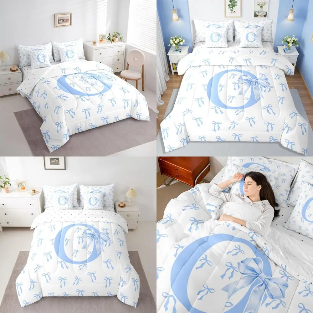 

7-Piece Blue Bowknot Bedding Set for Girls with Sheets - Elegant Bow Tie Design