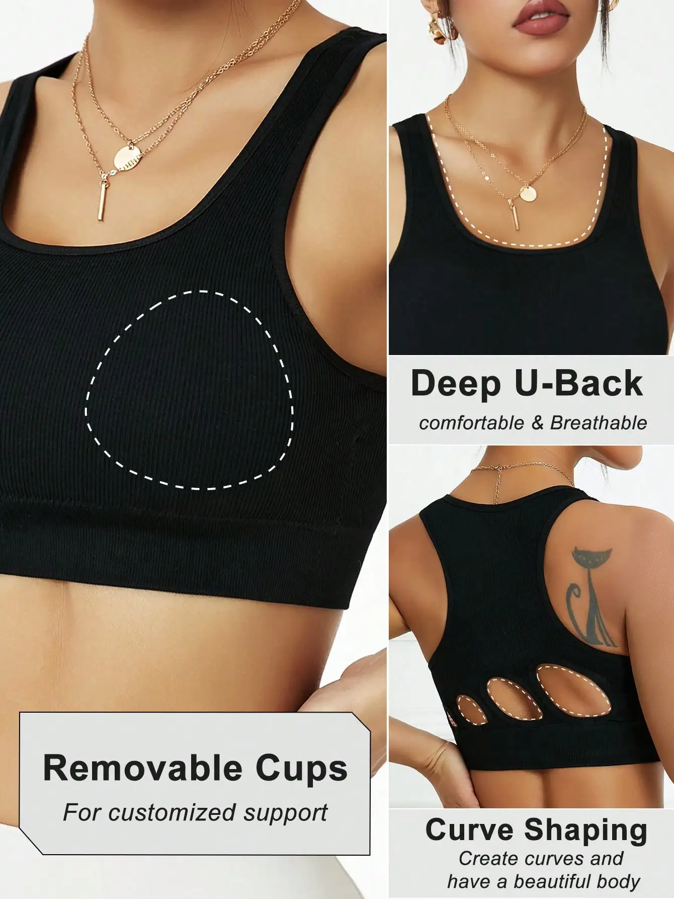 Women Ribbed Seamless Sports Bra Cutout Back Racerback Yoga Bra Padded U Neck Workout Crop Top Gym Fitness Activewear Black