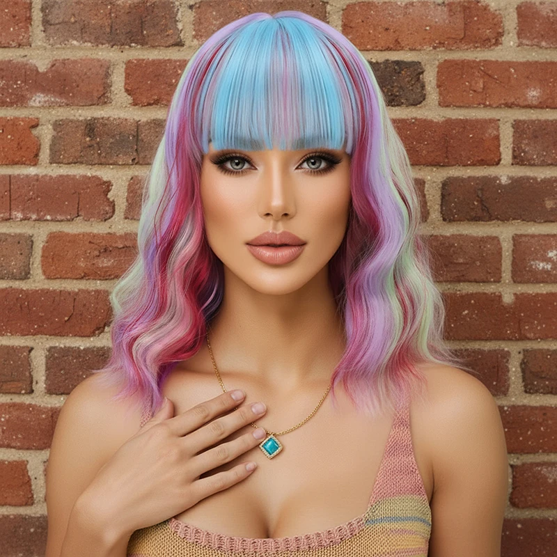 Nowa europejska i amerykańska peruka dla kobiet, jasnoniebieska, krótkie kręcone włosy, peruka z włókna syntetycznego