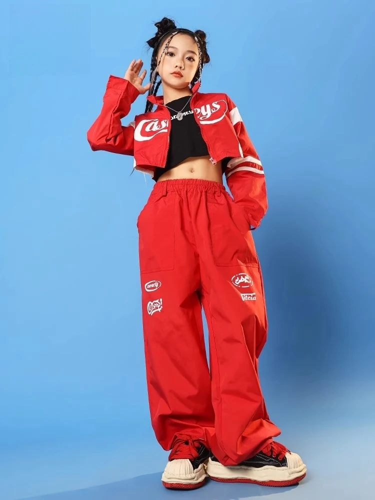 2024 Mädchen Rot Hip Hop Kostüm Jazz Dance Performance Kleidung Kurzen Mantel Lose Hosen Street Dance Bühne Wettbewerb Tragen BL14219