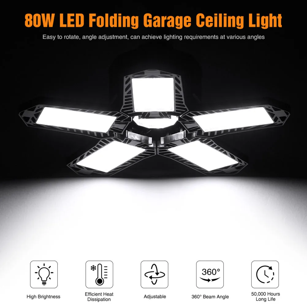 

Garage Light 5 Leaves Plastic Adjustable Panels Foldable 360 Degree Lighting E27 Socket Energy Saving No Flicker Easy Install