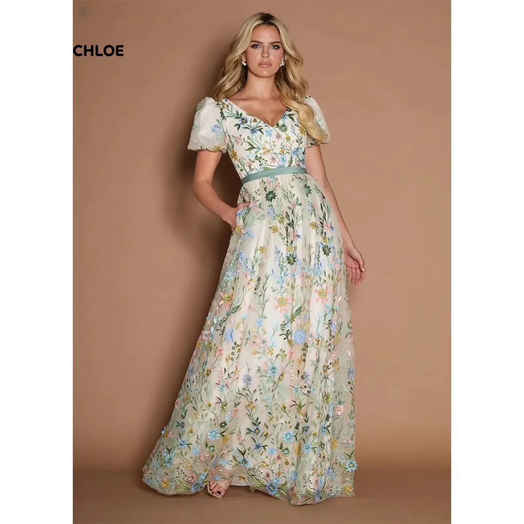 

Customized Elegant Evening Party Dresses for Special Occasions Line A V-neck Luxury Party Dress Short Sleeves 3D Flowers Women's