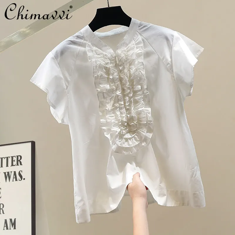 

Fashion Heavy Fungus Edge Stand Collar Shirt Women's Summer New White Short-sleeved Slimming Elegant Tops Women's Shirt