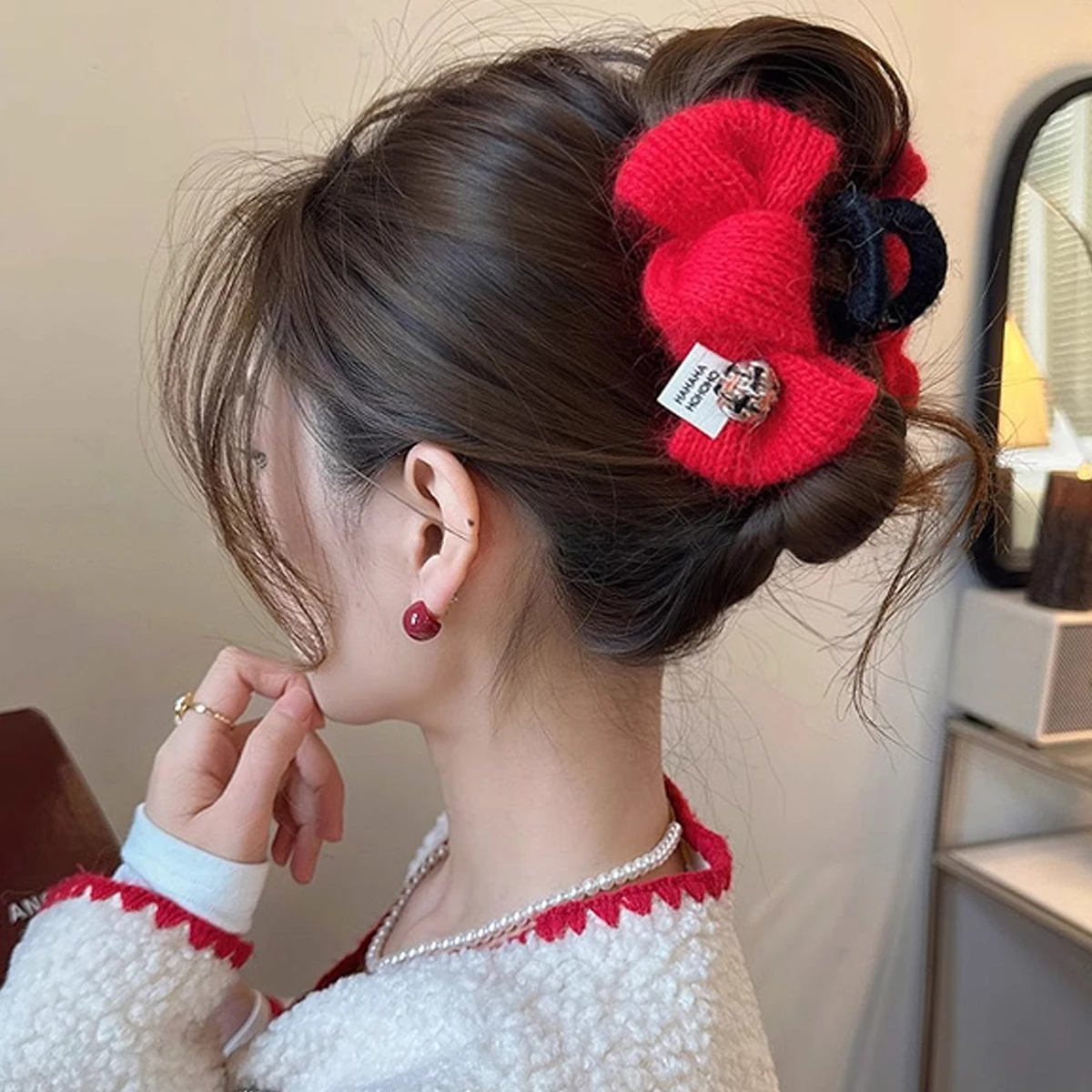 1 clip di squalo con fiocco in filato di medie dimensioni dolce e carino, fermaglio per capelli elegante autunno e inverno per donna, adatto per l'uso quotidiano