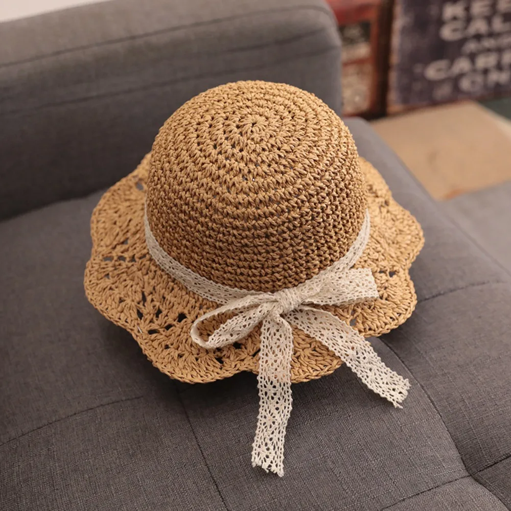 Beach Summer Fashion Petal Brim Lace Cap Bucket Hats Straw Woven Hat Sun Protection