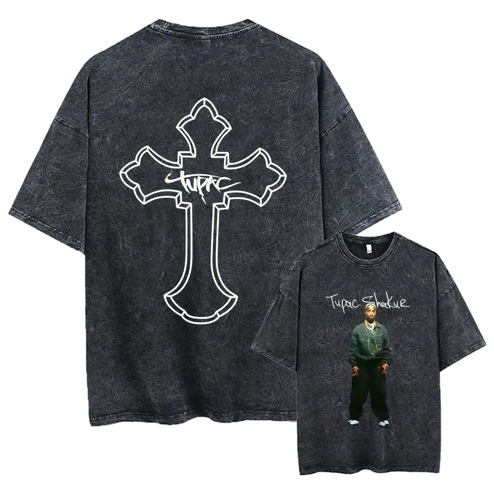 

Rapper Tupac 2pac Cross Vintage Washed T Shirt Men Hip Hop Fashion Retro T-shirt Men's Casual High Quality T-shirts Streetwear