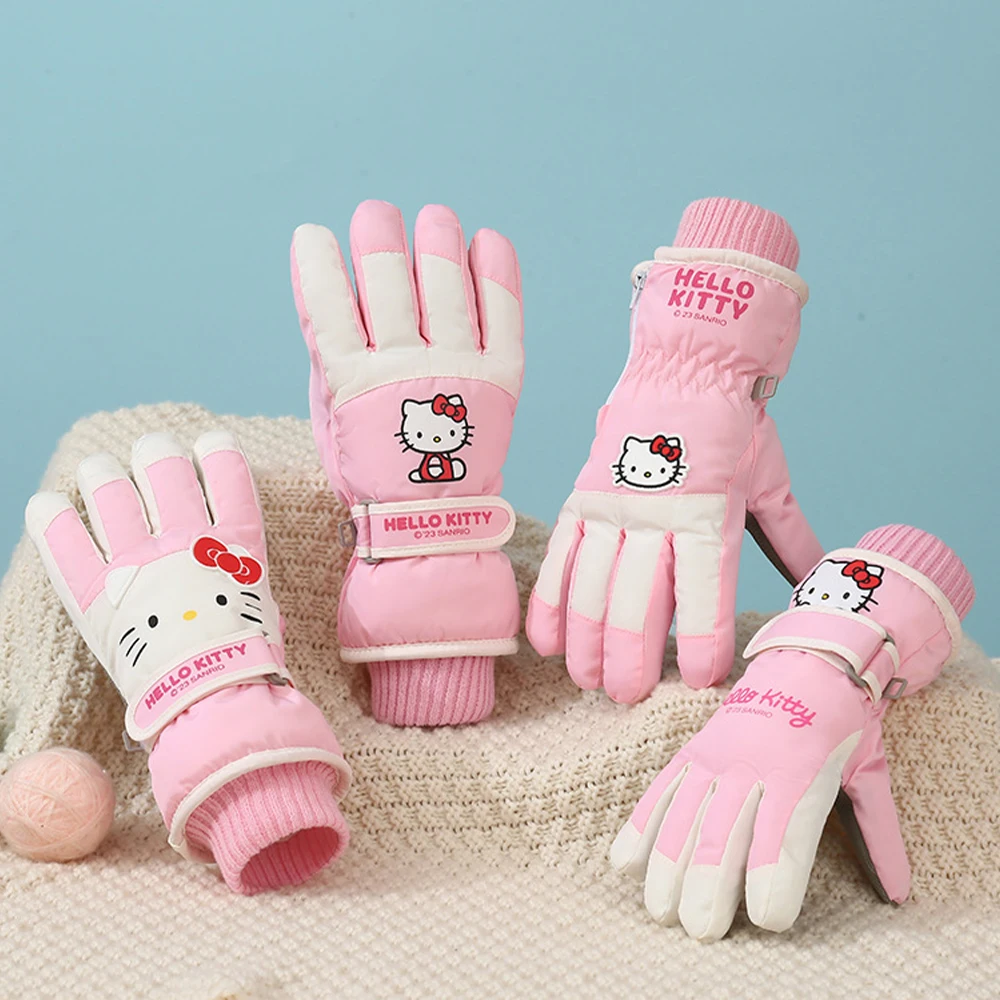 Sanrio Hello Kitty Ski Gloves Winter Plush Warm Touch Screen Kawaii Anime Kt Cinnamoroll Thicken Riding Outdoor Soft Water Proof