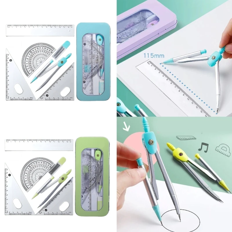 7Pcs Professional Mathematical Geometry Tool Set Student Geometry Math Set With Compass, Set Square, Eraser, Protractor