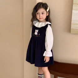 Girls Corduroy Suspender Dress + White Lace Shirt Spring Autumn Baby Sweet Rabbit Cartoon Princess Dresses 2 Piece Sets for Kids