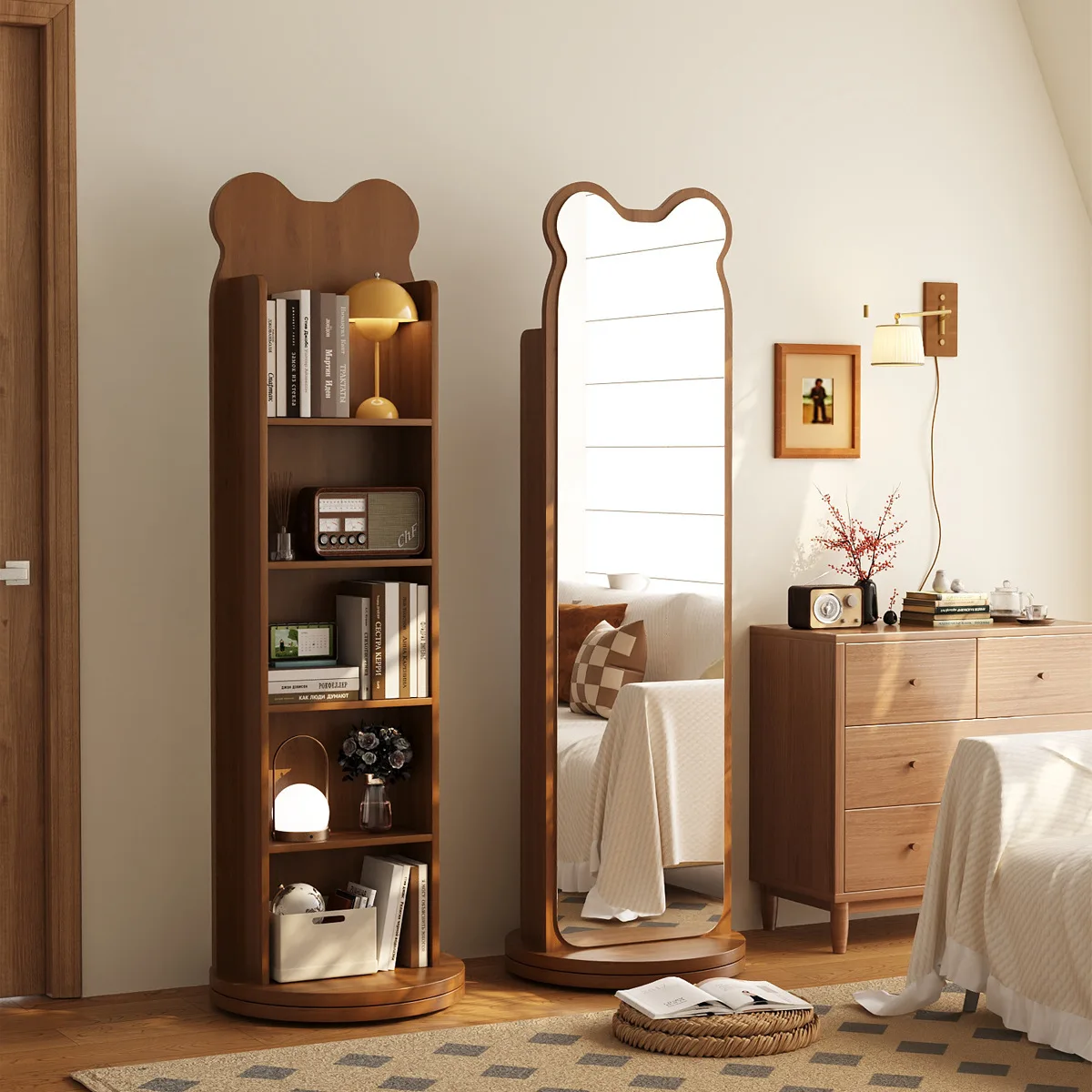 رف كتب منزلي دوار بطول كامل وأرضية متحركة ومرآة تخزين دوارة