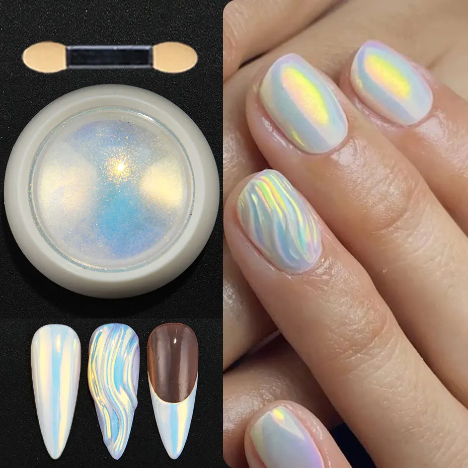 Neon Chrome Glitter Nail Art Dust with Brush Aurora Mermaid Mirror Nail Powder Pearlescent Holographic Effect Nail Supplies