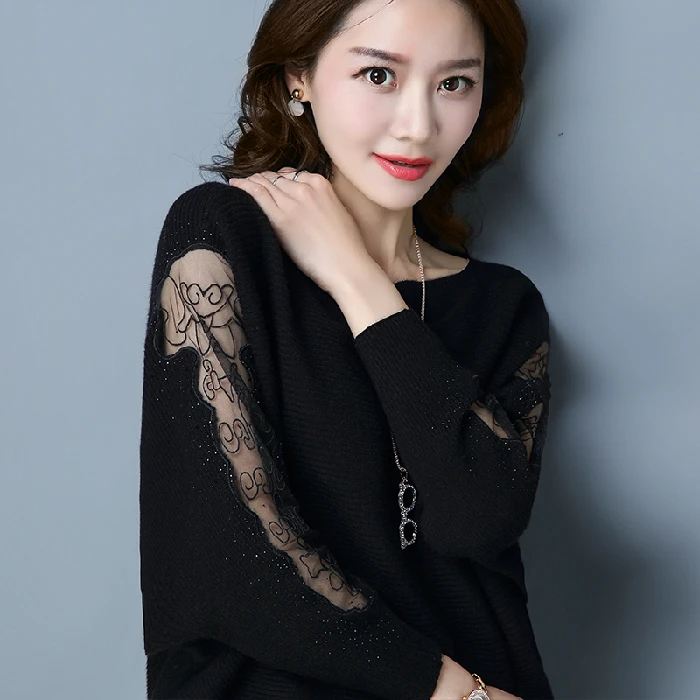 Faionable Knitted Batwing Sve T-irt Women's Lace Sve One-oulder Slimming plus Size Top Spring Autumn New Arrival