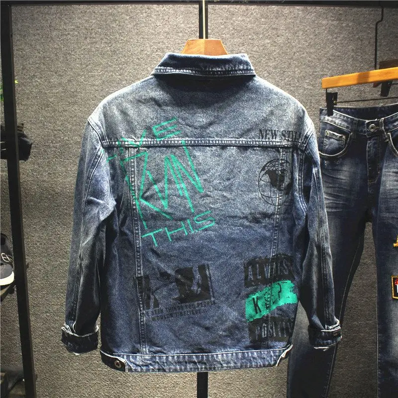 Lente En Herfst Nieuwe Trendy Herenjasje Bedrukt Knappe Street Denim Jas