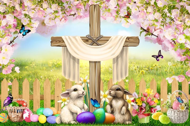 Fond de photographie de Pâques, croix, œufs, lapin, vert, ange, floral, croyance religieuse, église, chrétien, joyeux Pâques, accessoires de toile de fond