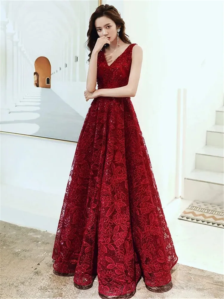 Wine Red Dress Solid Color Sequin V-neck Long A-line Skirt Elegant Evening Gown M047