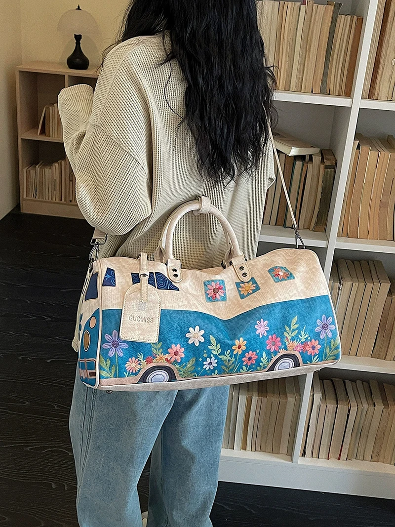 Women'S Bag Gym Sports Fitness Painted Bus Hippie Travel Tote Luggage Vintage Large Capacity Yoga Handbag Dry-Wet Separation Bag
