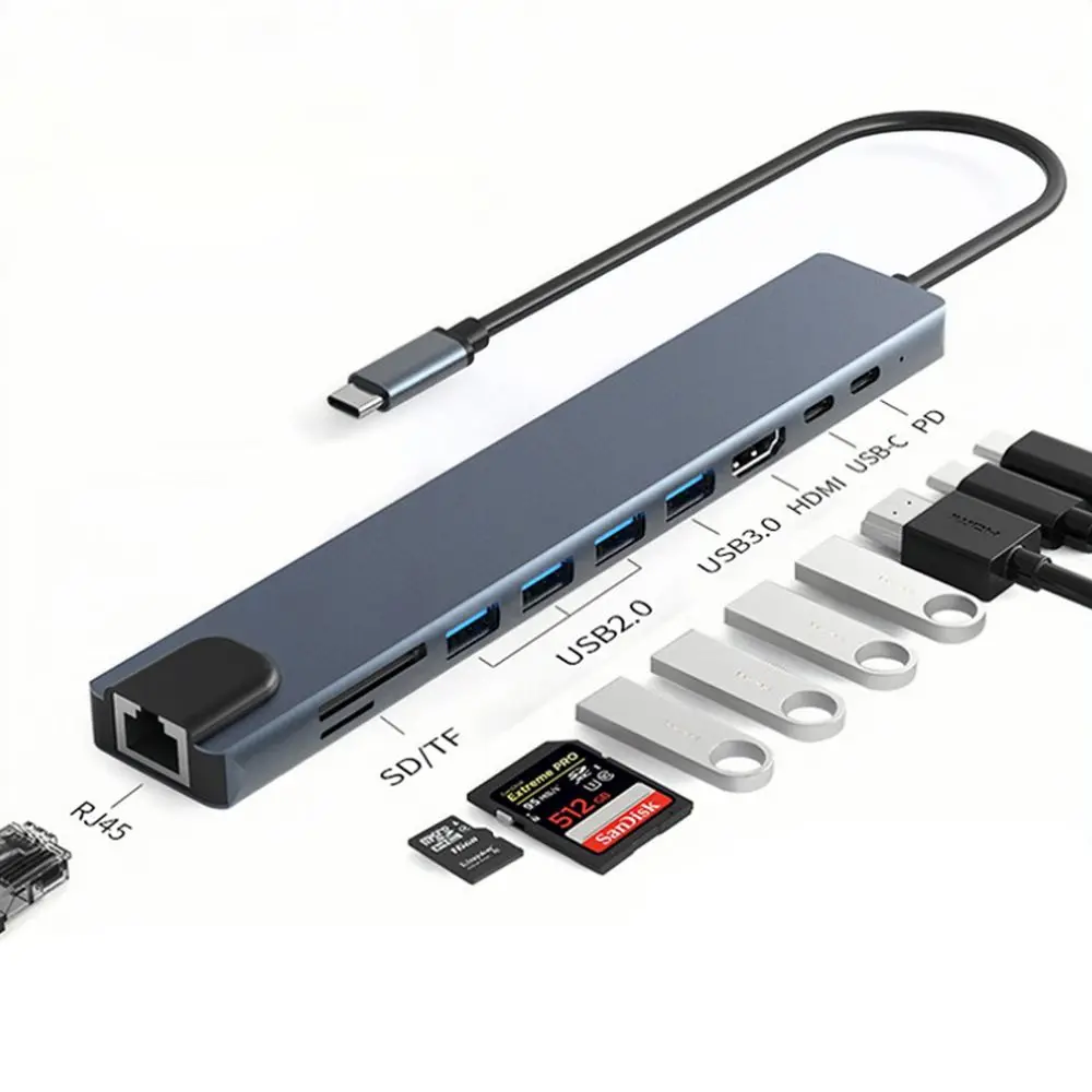 Type-C to HDMI 8-in-1 docking station to HDMI high-definition USB 3.0 splitter, card reader, network card PD power supply