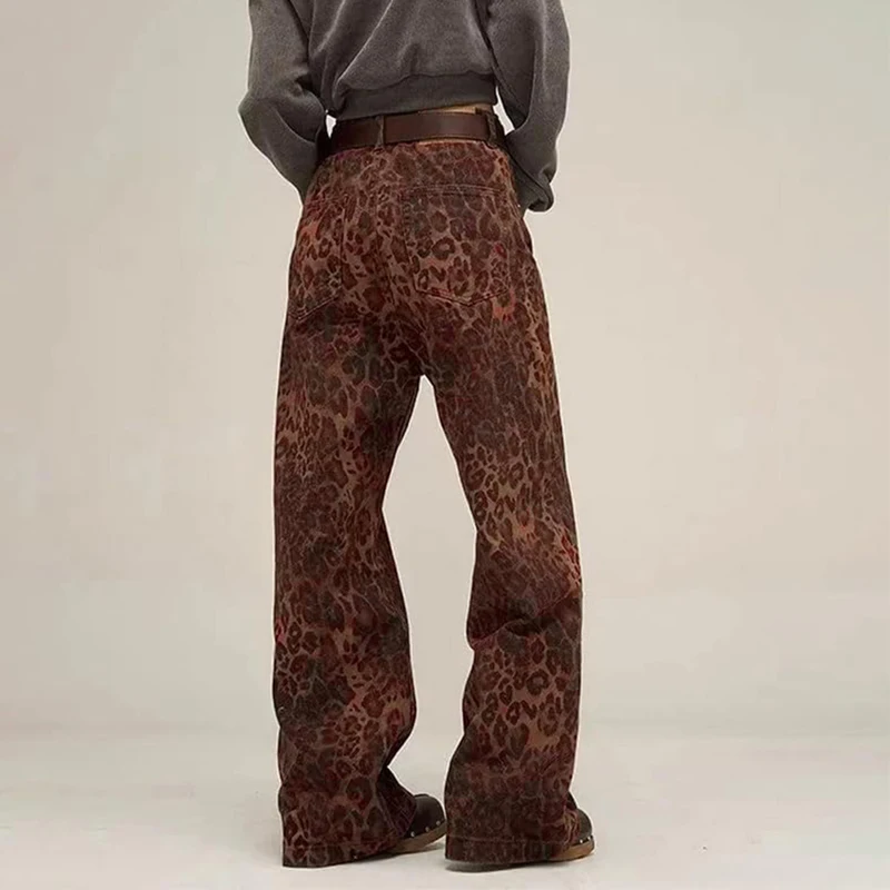 American street retro men's and women's leopard-print loose straight wash denim all-in-one fashion mopping trousers