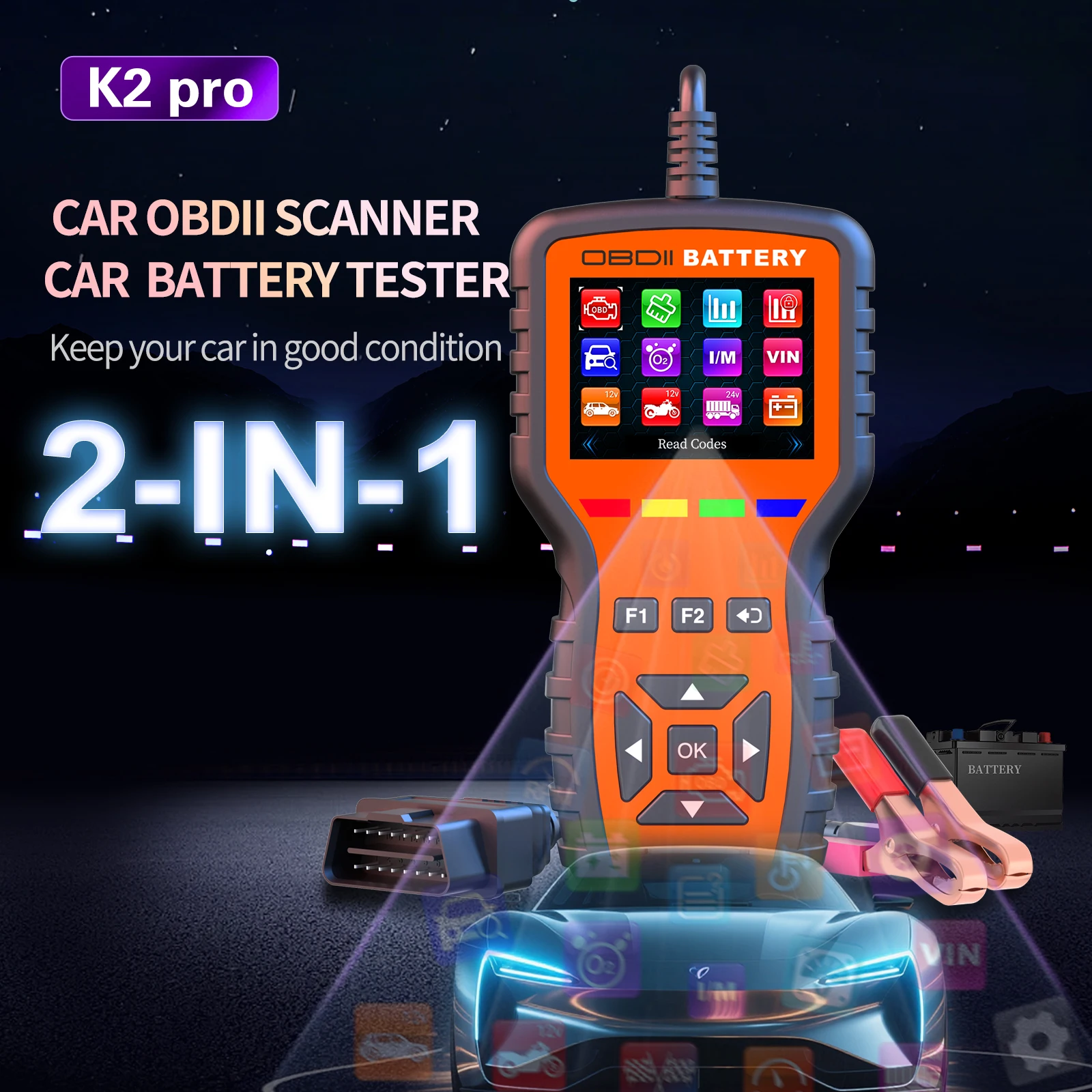 2 IN 1 OBD2 Scanner & 12-35V AGM Start-Stop Battery Tester Automotive Diagnostic Tool Read Data Stream Clear Engine Fault Codes