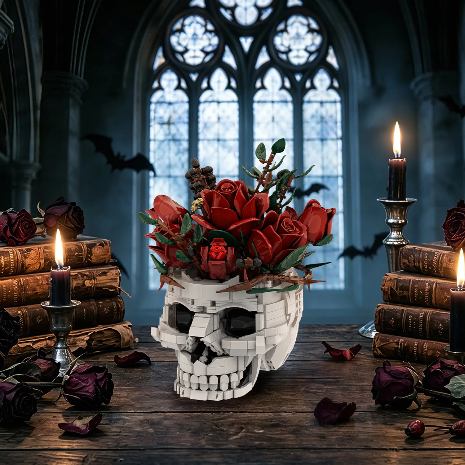 Idea Gothic Baustein Rote Rose Skelett Spielzeug Schädel Blumentopf Konstruktionsbaustein Schreibtisch-Deko Modell-Sets Sammlerstücke für Geschenke – Detail 4