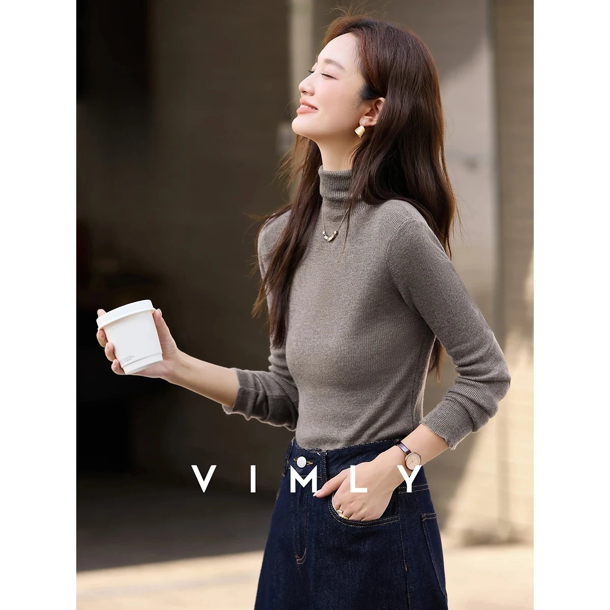 

Женский свитер с высоким воротником VIMLY, зима 2025 г., высокоэластичный утягивающий пуловер с длинными рукавами, удобный универсальный базовый топ 30317