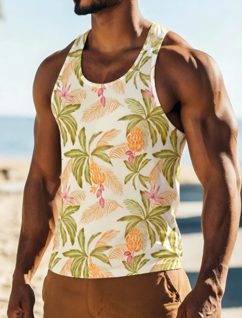 Men's Watercolor Tropical Plant Flower Print Sleeveless Tank Top, for Summer Fitness, Beach Trips, Daily Outings & Casual Wear