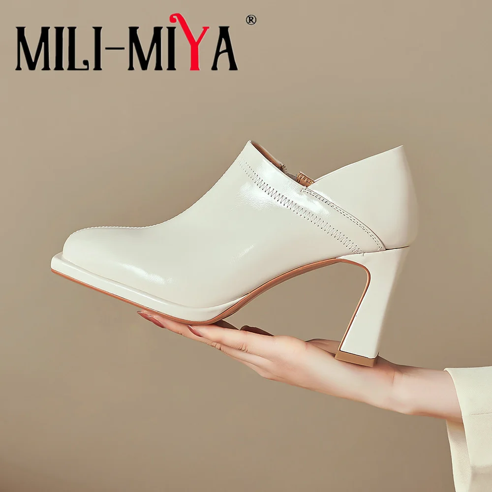 

MILI-MIYA/модные женские туфли-лодочки из натуральной кожи с круглым носком, однотонные туфли на толстом каблуке с застежкой-молнией, большие размеры 34–40, офисные и карьеры