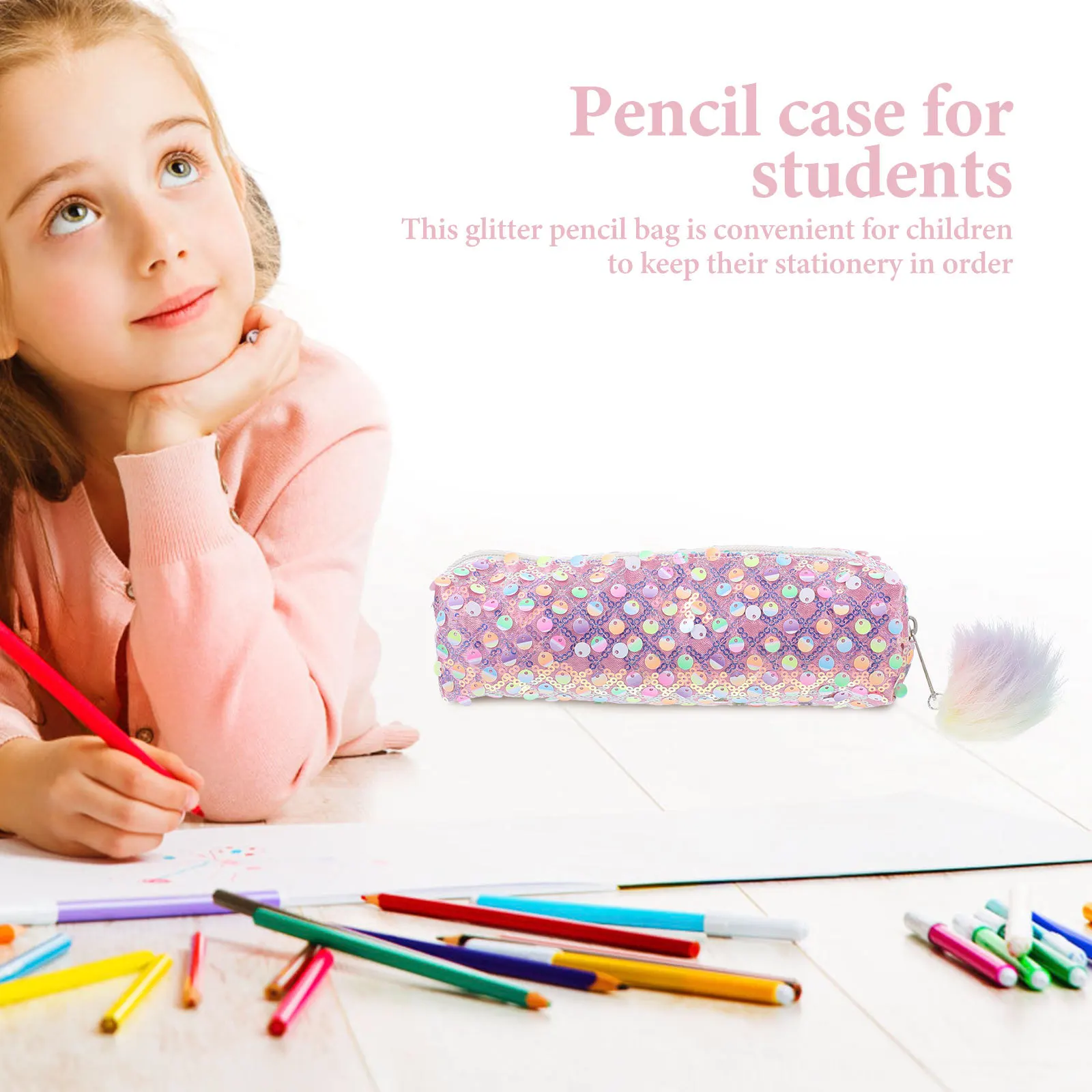 

Glitter Pencil Case Pink Lightweight Zipper Pencil Organizer for Students Stationery Storage Student Accessory