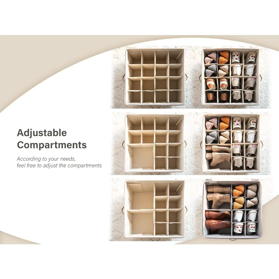 Organizer na buty do szafy, mieści do 16 par, pojemniki na buty z regulowanymi przegródkami i przezroczystą pokrywą, beżowy.