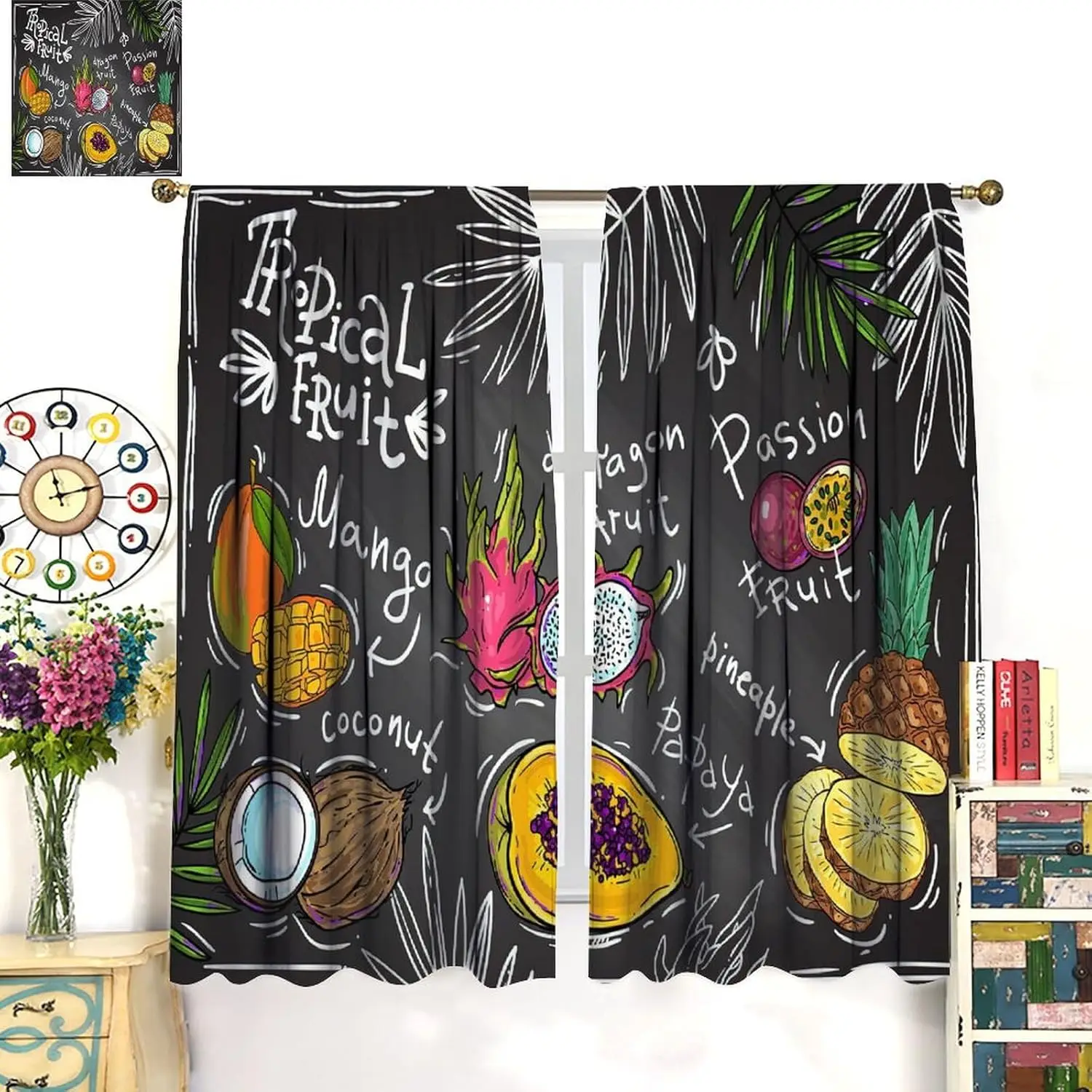 Fruit Decorative Window Curtains, Hand Drawn Mango Dragon Fruit Papaya Coconut and Pineapple Tropical Window Drapes, for Living