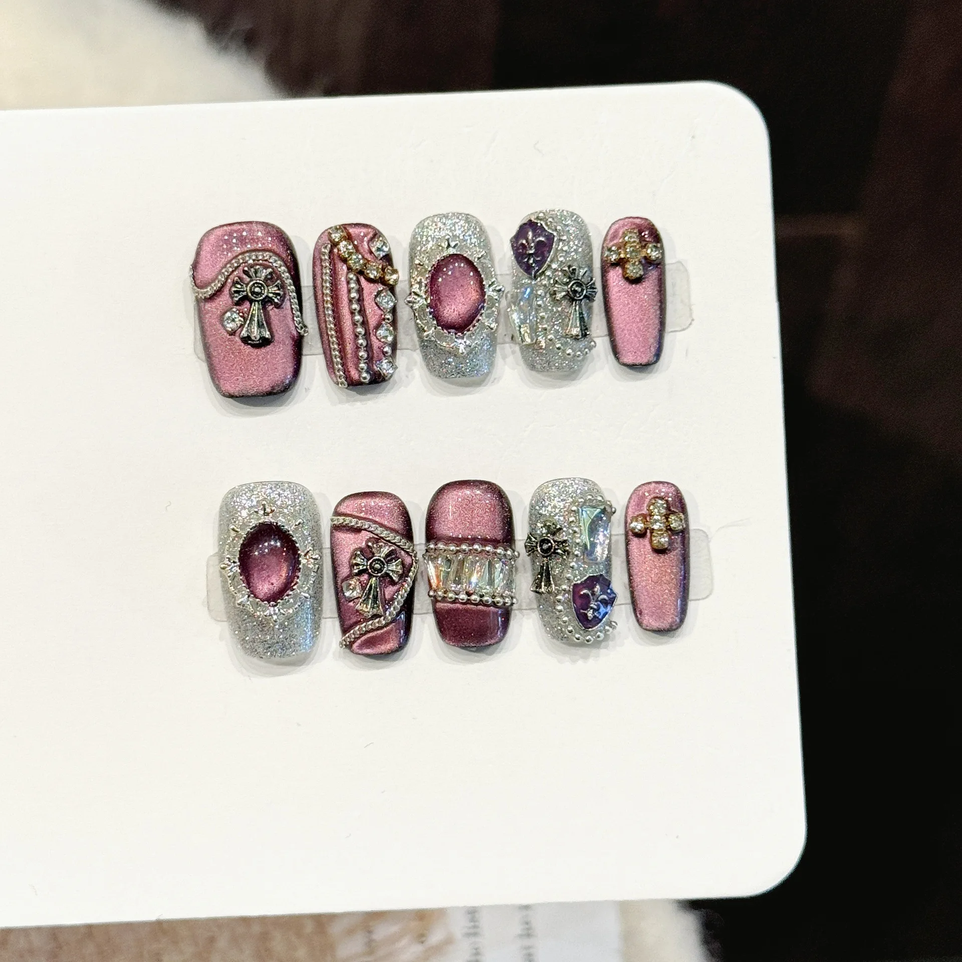 10 PCS Luxury Handmade Press on Nails Short Ballet Tianku style Design with 4-PIECE Tool Adhesive Nail Glue Tabs