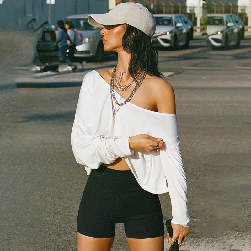 Streetwear Off-shoulder Crop Top Vintage 2000s White Long Sleeve Loose T Shirts Women Casual Autumn Y2K T-shirt Harajuku