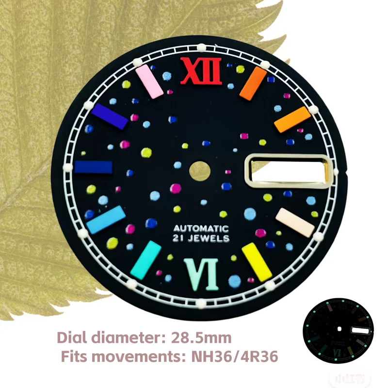 

28.5mm New NH36 Dial S Logo Double Date Green Luminous Colored Dot Surface Watch Dial Modification Accessories