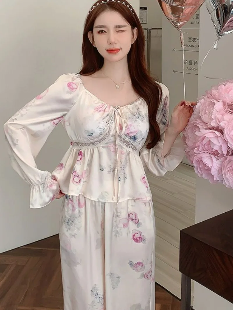 Pajama Sets Women Flowers Sweet Designed Popular Leisure Basics Elegant Delicate Stylish Korean Style Spring Ladies Home Vintage