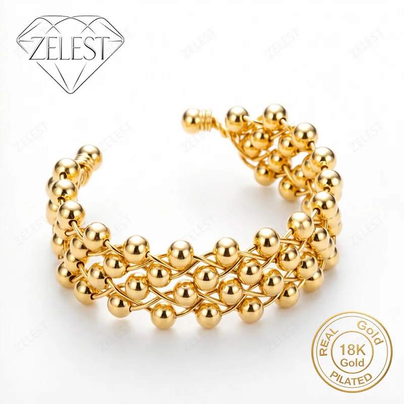 925 Sterling Silver 18K Gold Plated Exquisite Multi-Layer Braided Ball Beads Open Bracelet Women's Wedding Party Jewelry