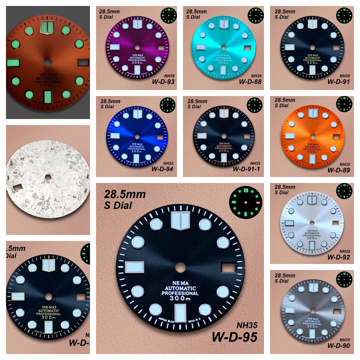 28.5mm S Logo Bamboo Leaf/Arab Diving Dial Fit NH35/NH36/4R36 Movement Green Luminous Sunburst Watch Modification Accessories