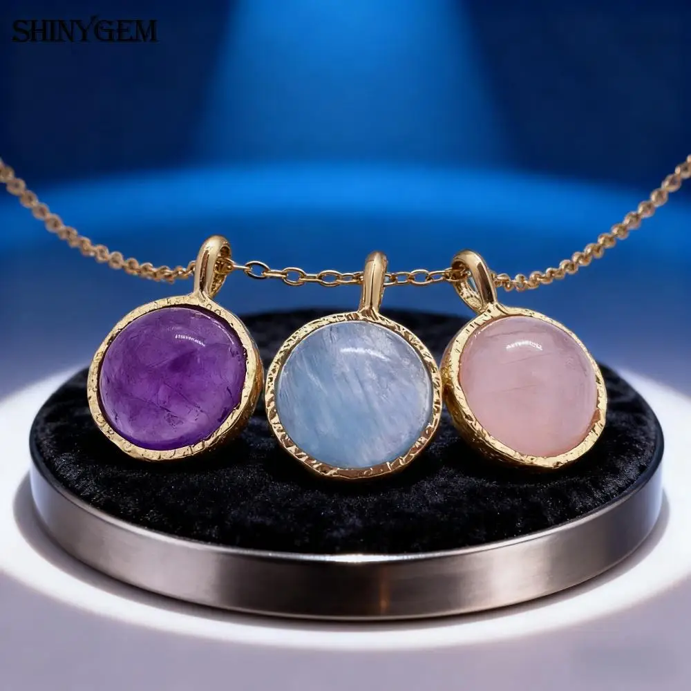 SHINYGEM 12 مللي متر المرأة الجولة الكريستال الطبيعي حجر الزبرجد روز كوارتز المعلقات أنيقة مجوهرات نسائية قلادة مطلية بالذهب