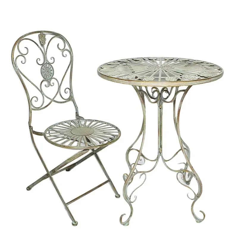 Vintage French Style Wrought Iron Patio Set Foldable Round Table and Chairs for Balcony Garden Rooftop Outdoor Leisure
