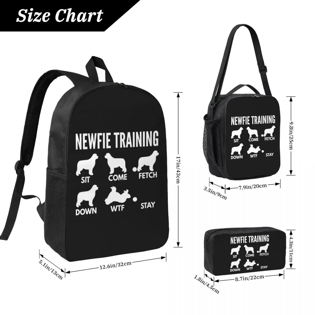 Newfie Training - Newfoundland Dog Tricks Backpack BookBag School Bag Computer Shoulder Bags 3ps Insulated Lunch Bag Pencil Case
