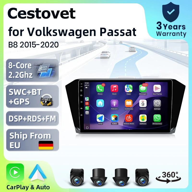Autoradio Cestovet 10" avec système intelligent pour VW Volkswagen Passat B8 2015-2020, caméra 360°, Android 15, CarPlay sans fil, commande vocale IA, écran tactile IPS, lecteur multimédia intelligent, unité centrale 2 Din, GPS, Mirror Link, 4G, FM, RDS.