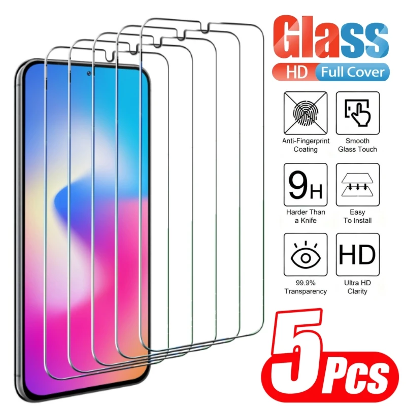 5Pcs HD Tempered Glass Screen Protector For Samsung Galaxy A14 A15 A16 A17 A24 A25 A26 A33 A34 A35 A36 A37 Glass Protection Film