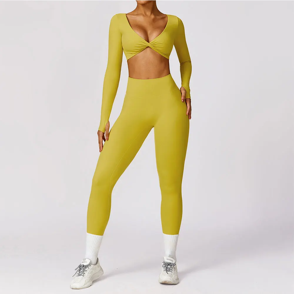 Women 2PCS Workout Outfits Yoga Sets Gym Clothes Sportswear Tracksuit Long Sleeve Crop Top Leggings Stretch Sports Bra Fitness