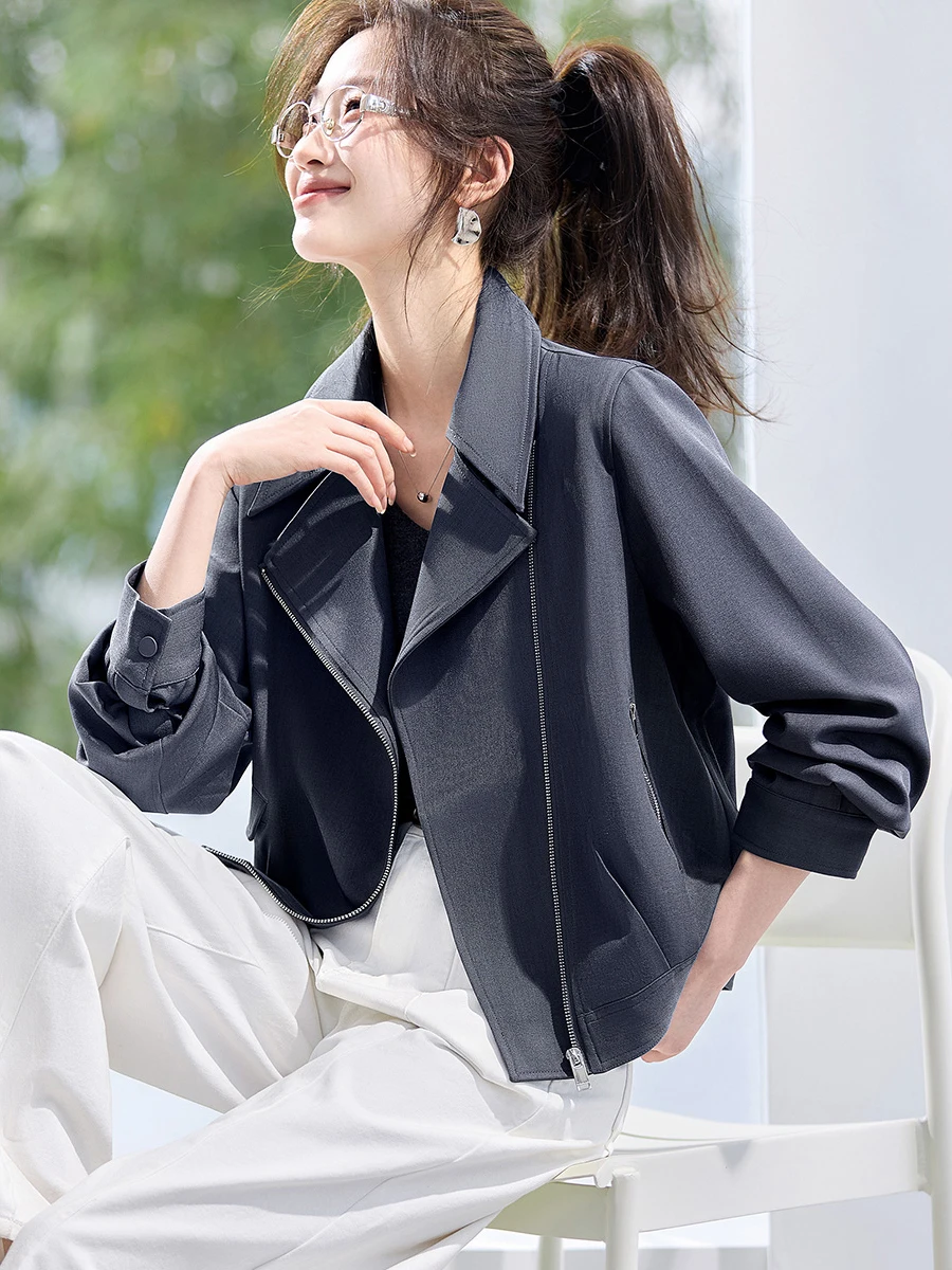 

Mehaimei 2026 Spring New Sle Women's Casual Biker Jaet Large Collar ort Outerwear Polyester Fiber Zipper Closure Long S...