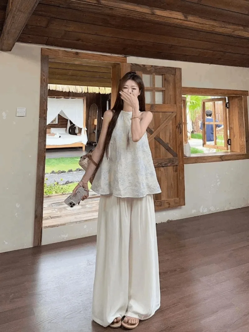 

Women's Two Piece Summer Outfit Halter Neck Printed Camisole Wide Leg Pants Set Casual Chic Streetwear​