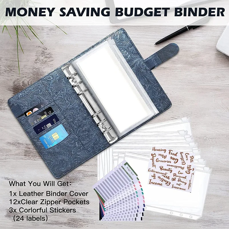 Budget Binder พร้อมซองซิป,ประหยัดเงินซองจดหมายเงินสด 8 กระเป๋าใส,6-Ring Binder 2 ป้ายสติกเกอร์