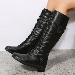 Stivali invernali per donna 2023 Combat Cowboy scarpe con plateau in pelle lunghe al ginocchio nero gotico New Rock Punk Solid stivali da donna