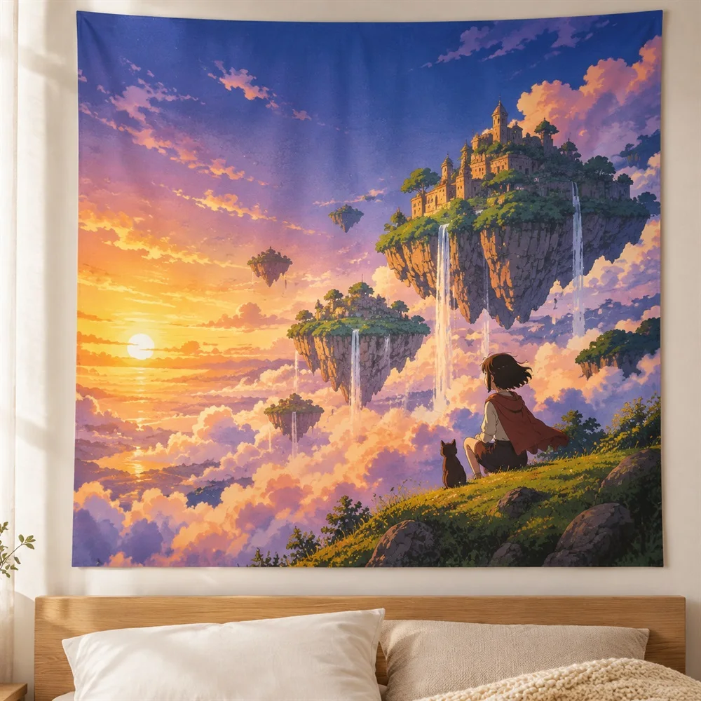 VIKAMA Floating Islands Anime Tapestry Wall Hanging, Aesthetic Fantasy Anime Room Decor Tapestries for Bedroom Living Room Study
