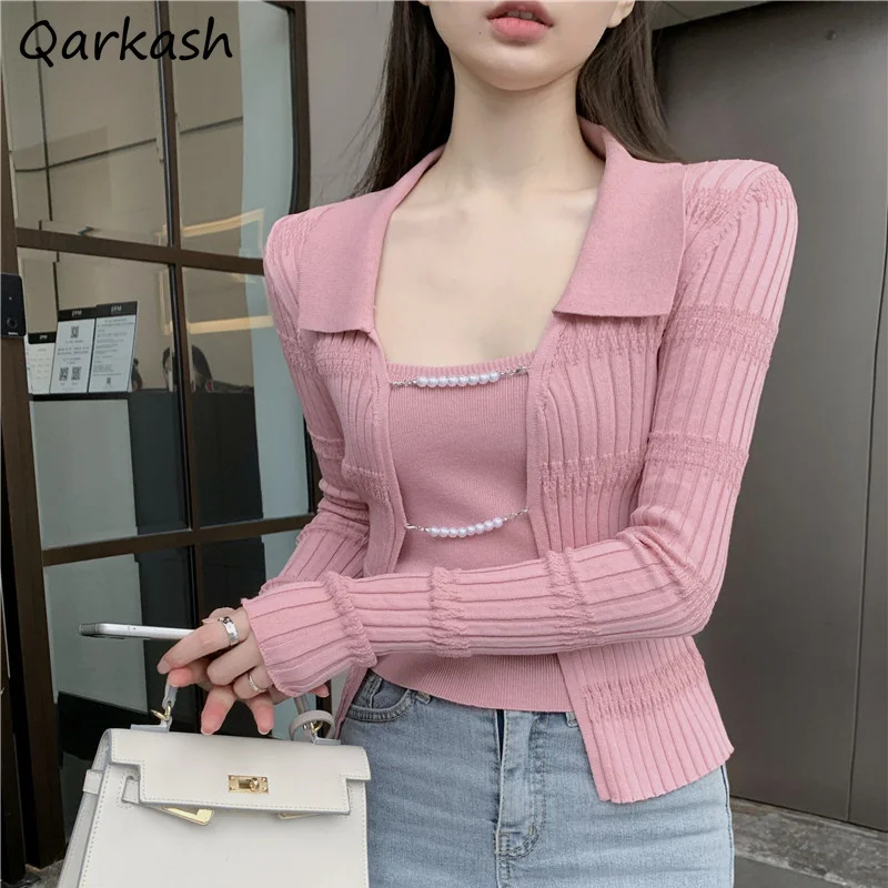 Two Piece Sets Womens Outifits Crop Tanks Long Sleeve Cardigan Knitted Pearls Hotsweet All-match Elegant Slim Ins Seductive Chic